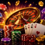 Colorful casino chips, playing cards, and a roulette wheel set against a dramatic background