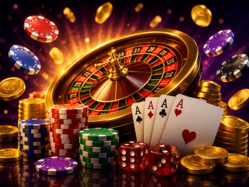 Colorful casino chips, playing cards, and a roulette wheel set against a dramatic background